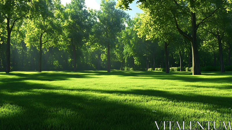 Sunlit grove where whispering trees paint soft shadows.