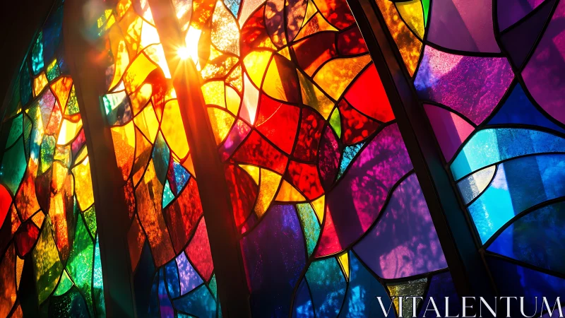 Sunlit abstract stained glass window with vivid color shards.