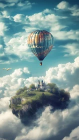Hot air balloon over floating island citadel in cloudscape