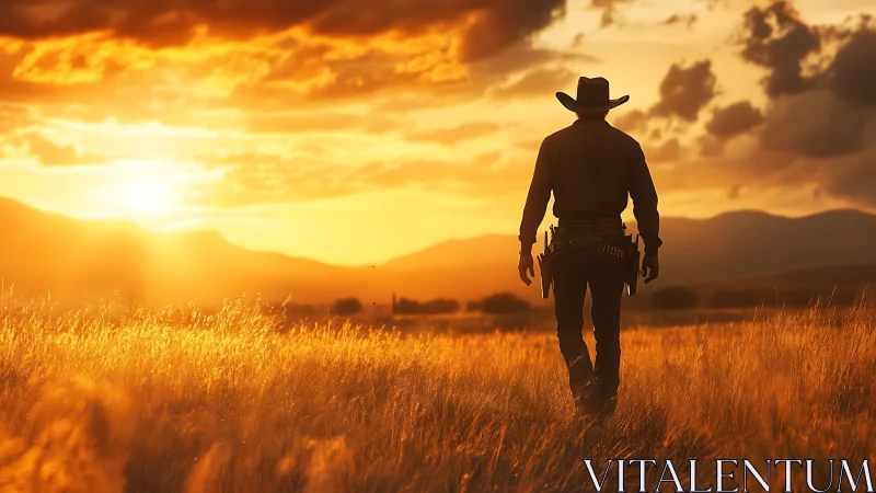 Lone cowboy walking across field at vivid sunset horizon.
