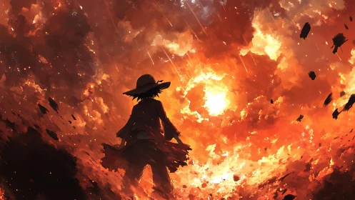 Inferno Sentinel: Silhouette Against Apocalyptic Fire.