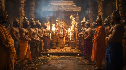 Sacred temple council gathers around fiery central deity ritual.