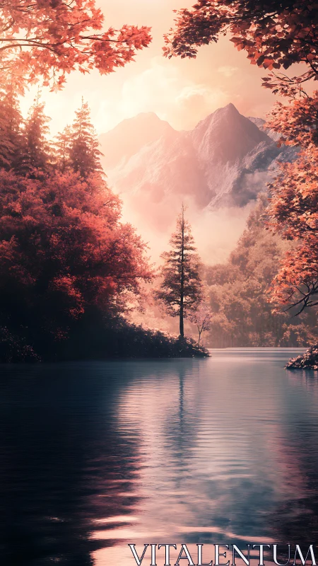 High-contrast alpine lake scene with pink foliage and mist layers