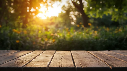 Sunlit weathered wooden tabletop with blurred garden bokeh