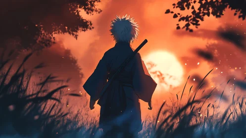 Lone white haired swordsman stands before burning sunset.
