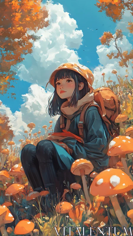 Young hiker rests among orange mushrooms under vast clouds.