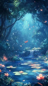 Bioluminescent forest lagoon with waterfall and luminous lilies