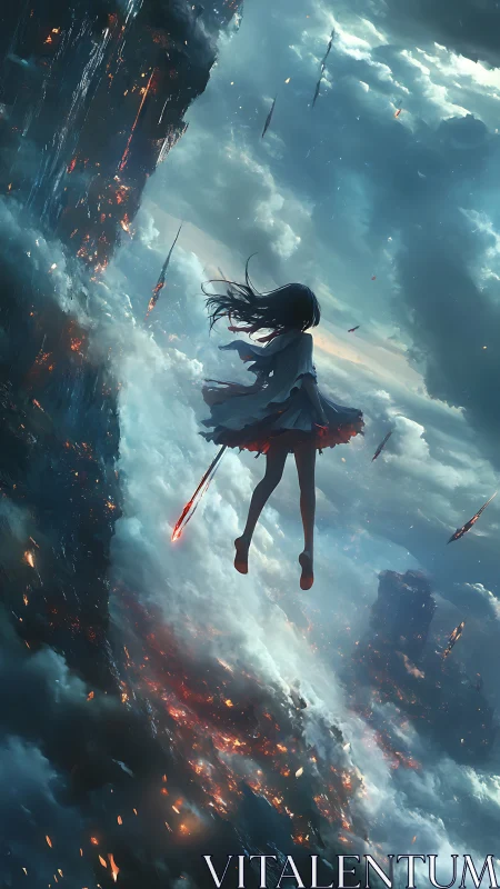 Skybound girl faces burning abyss with flaming spear.