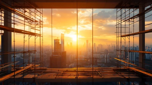 Urban skyline glows through high-rise scaffolding at sunset.