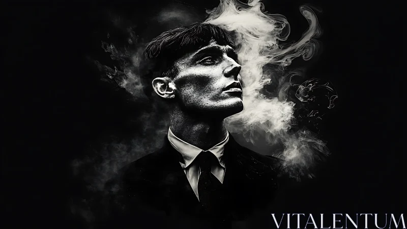 Brooding monochrome portrait engulfed by swirling smoke clouds.