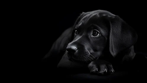 Photorealistic low-key portrait of black puppy in profile.