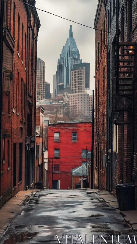 Rain-soaked alley frames red brick and distant skyline.