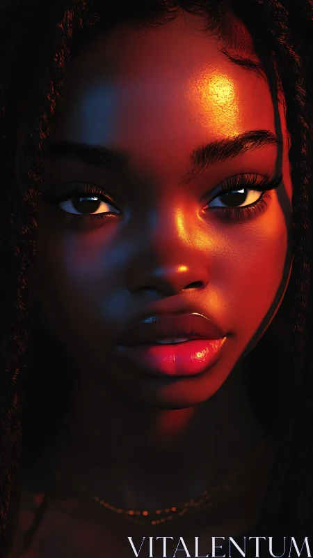Hyperreal close-up portrait in dramatic warm rim lighting