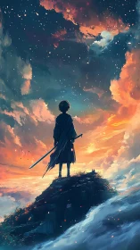 Skybound swordsman gazes into a storm of painted stars.