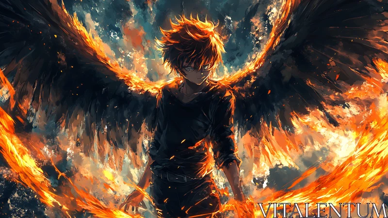 Fierce winged wanderer rising through ribbons of flame.