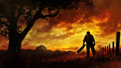 Chainsaw drifter stalks a burning country sunset horizon.