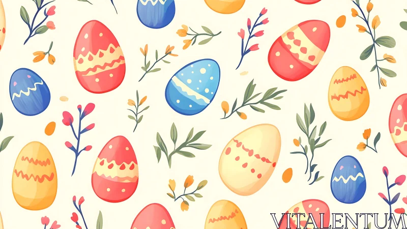 Easter eggs and floral branches form repeating seamless pattern
