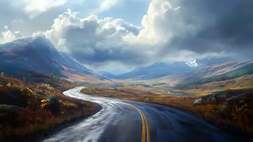 Mountain highway under storm-lit clouds and wet asphalt curve.