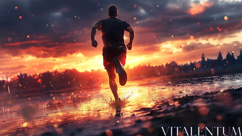 Backlit runner crossing neon-tinted water at sunset horizon.