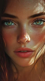 Hyperreal close-up portrait reveals freckled skin microtexture and rim-lit irises