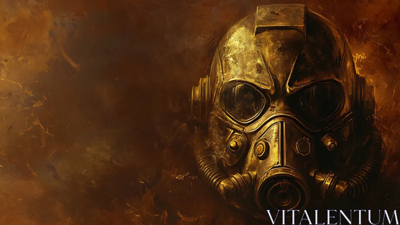 Golden armored gas mask looms in molten, smoky gloom.