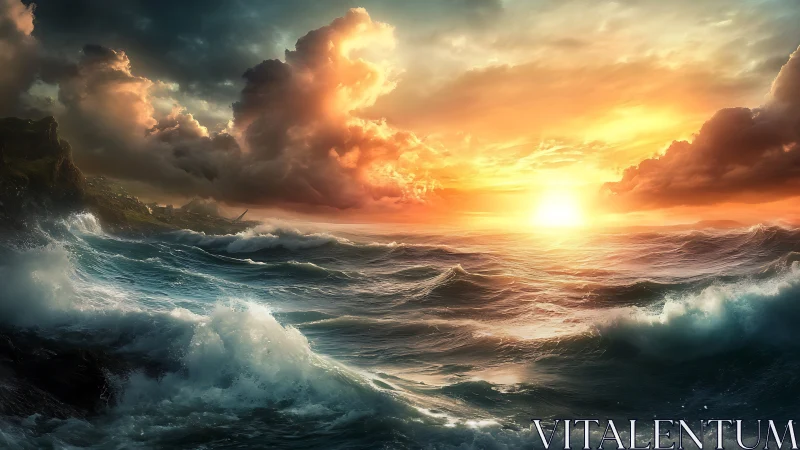 Dramatic stormy seascape under blazing cinematic sunset.