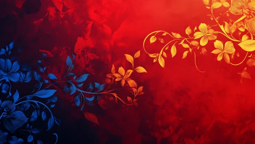 Floral vectors contrast in blue and gold on textured red