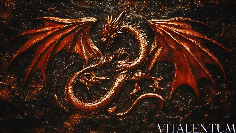 Copper dragon relief coils over molten textured stone wall