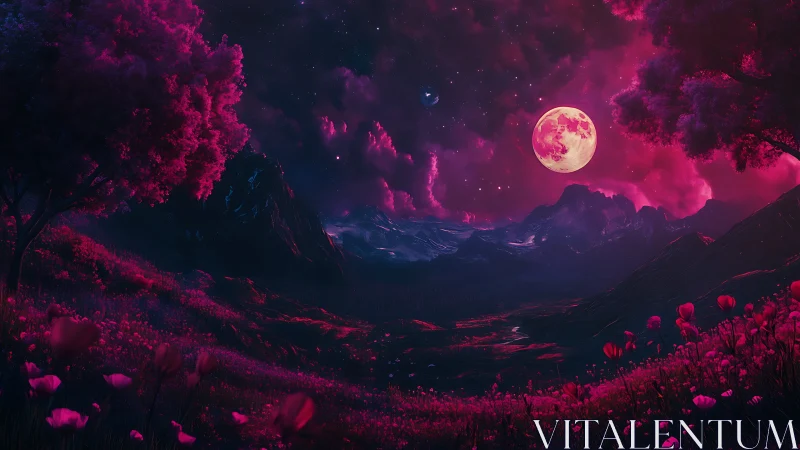 Neon magenta moon illuminates a surreal alpine valley landscape