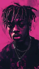 Portrait shows stylized man with chains on vivid magenta background
