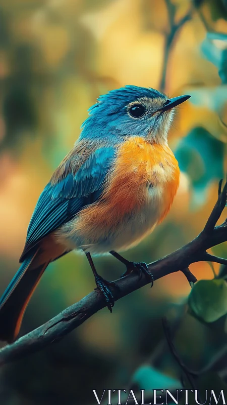 Songbird with vivid blue plumage in soft bokeh glow.