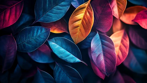 Dream-bright forest leaves glowing in midnight colors.