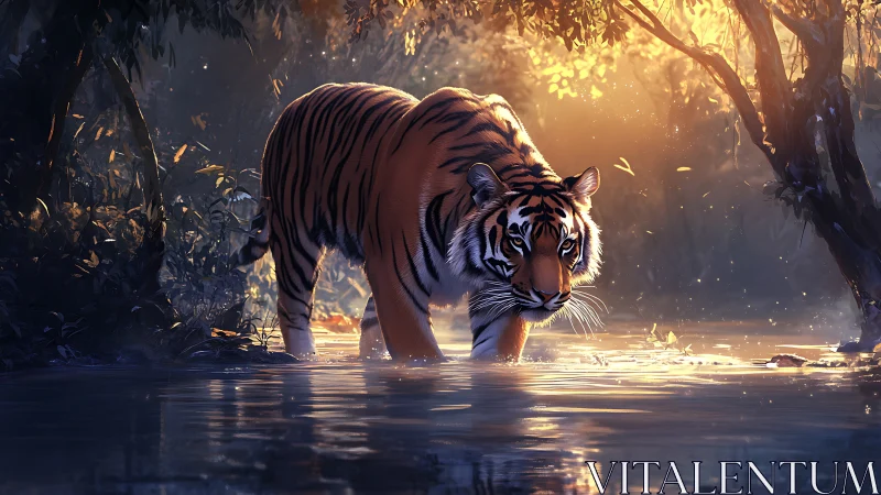 Tiger walks through shallow forest water in warm backlight