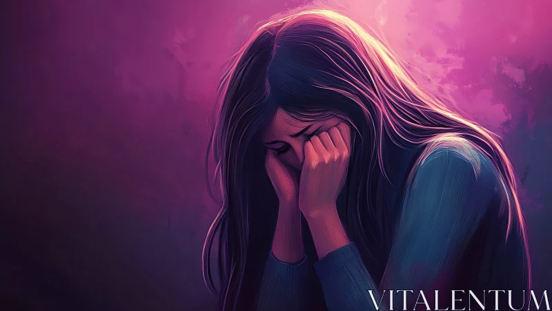 Digital portrait of distressed woman under magenta rim lighting