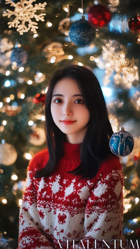 Young woman in patterned sweater before lit tree.