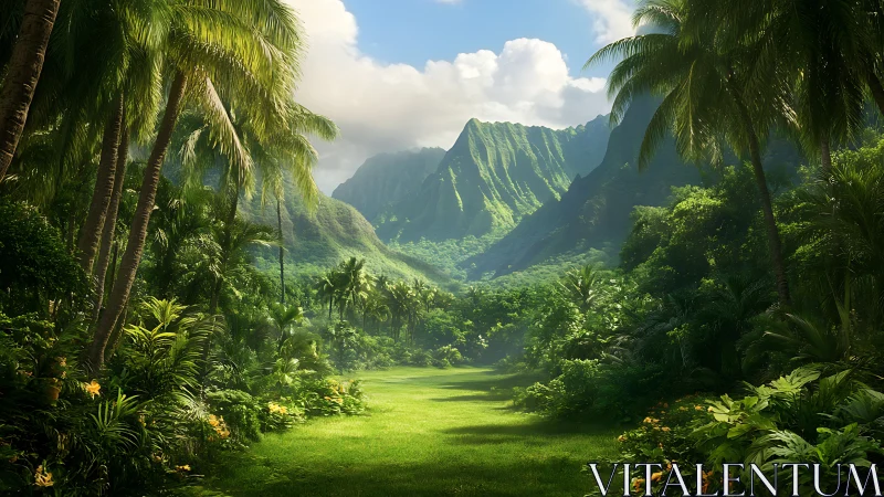 Lush tropical valley opens toward sunlit emerald mountains