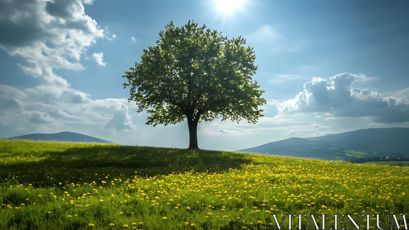 Sunlit lone tree presiding over a dandelion meadow dreamscape.