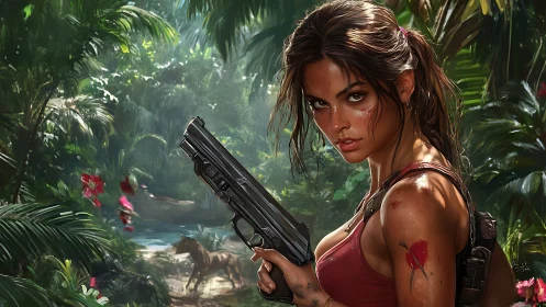 Armed jungle explorer holds pistol in lush tropical wilderness.