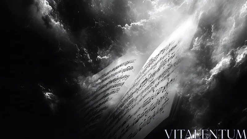 Monochrome musical codex emerging through dramatic cloud light.