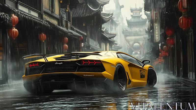 Yellow supercar powers through rainy neon old-town streets.