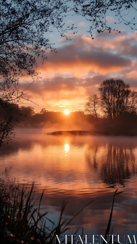 Sunrise flares over misty lake with mirrored silhouettes.