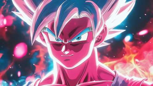 Cel-shaded anime warrior in neon-lit energy aura portrait