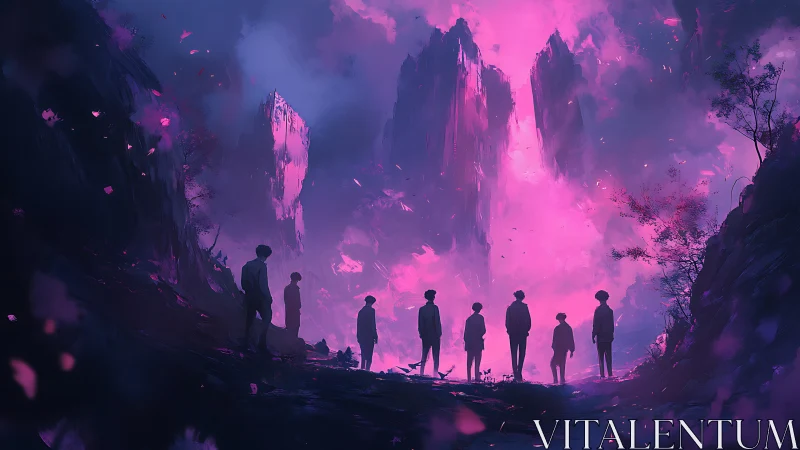 Silhouetted figures face glowing pink cliffs in twilight