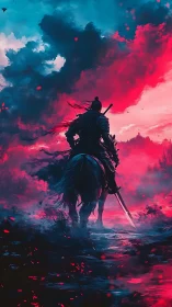 Armored lone rider advances through neon storm horizon