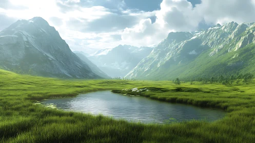 Mountain valley tarn under soft volumetric daylight renders serene