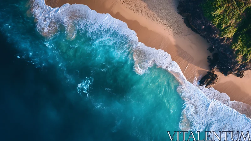 High-angle aerial coastline view capturing wave dynamics and sand