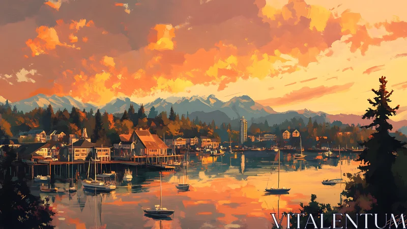 Sunlit harbor town rests beneath glowing mountain skies.