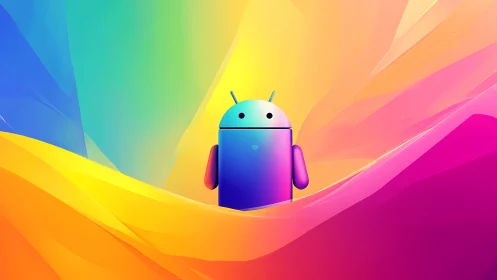 Vibrant Android mascot glows amid flowing neon gradients.