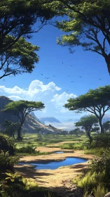 Sunny savanna valley with trees, mountains and waterhole.
