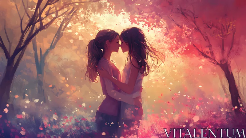 Two figures embrace amid luminous particles in stylized autumn forest